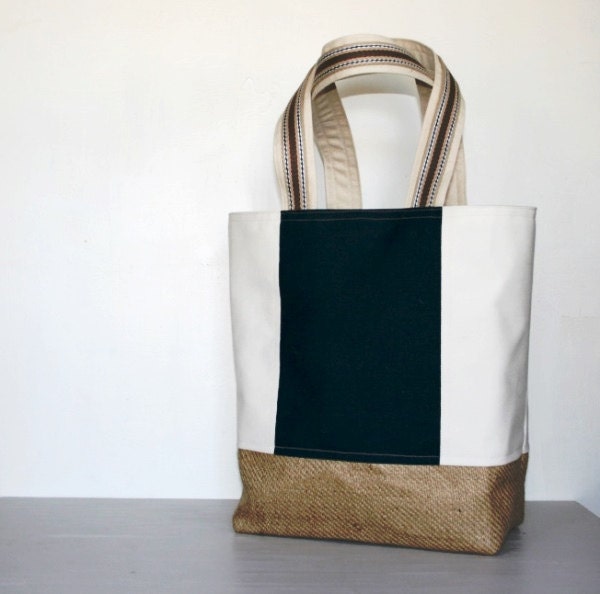 Large Canvas Burlap Tote Bag Navy Blue Summer White Color Block Stripe