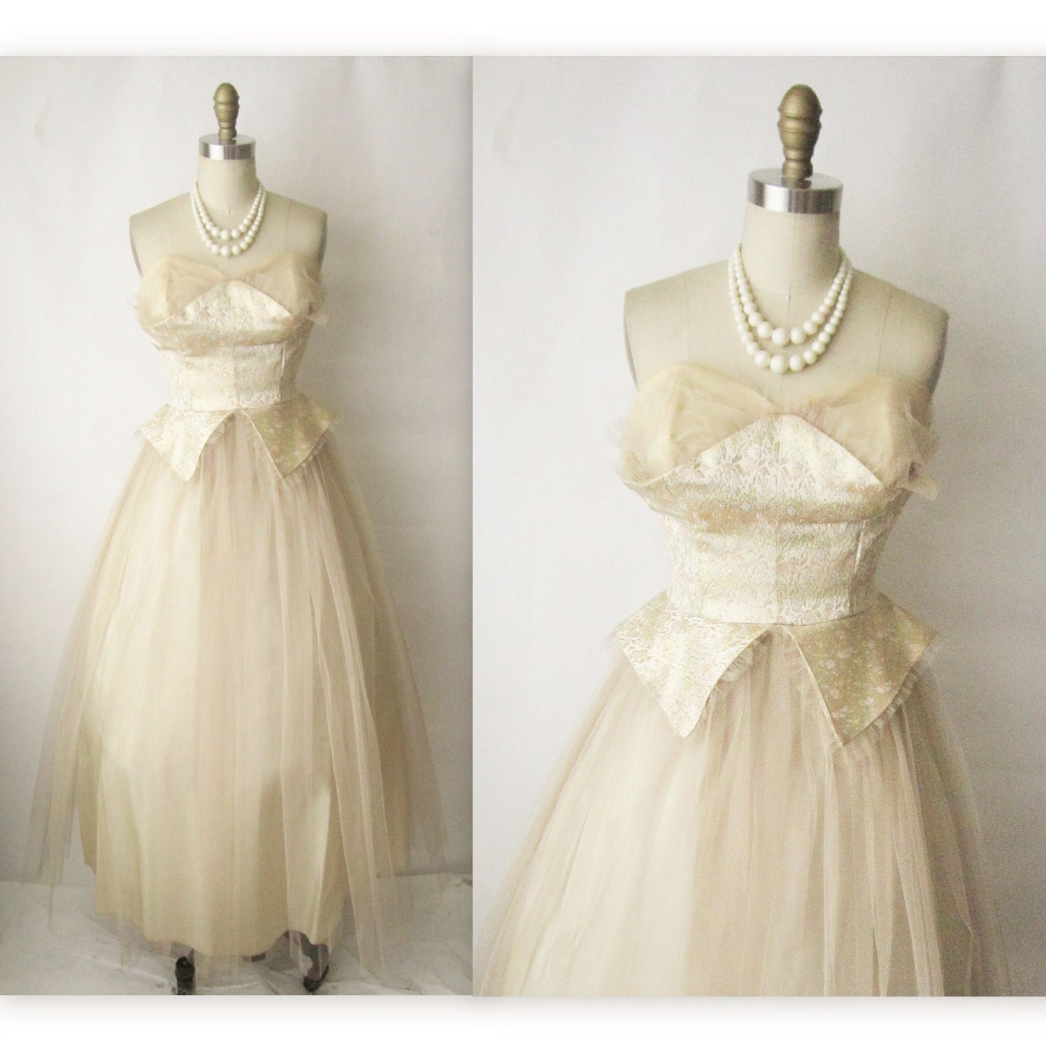 50's Wedding Dress // Vintage 1950's Champagne Tulle Brocade Strapless Wedding Dress Gown XS