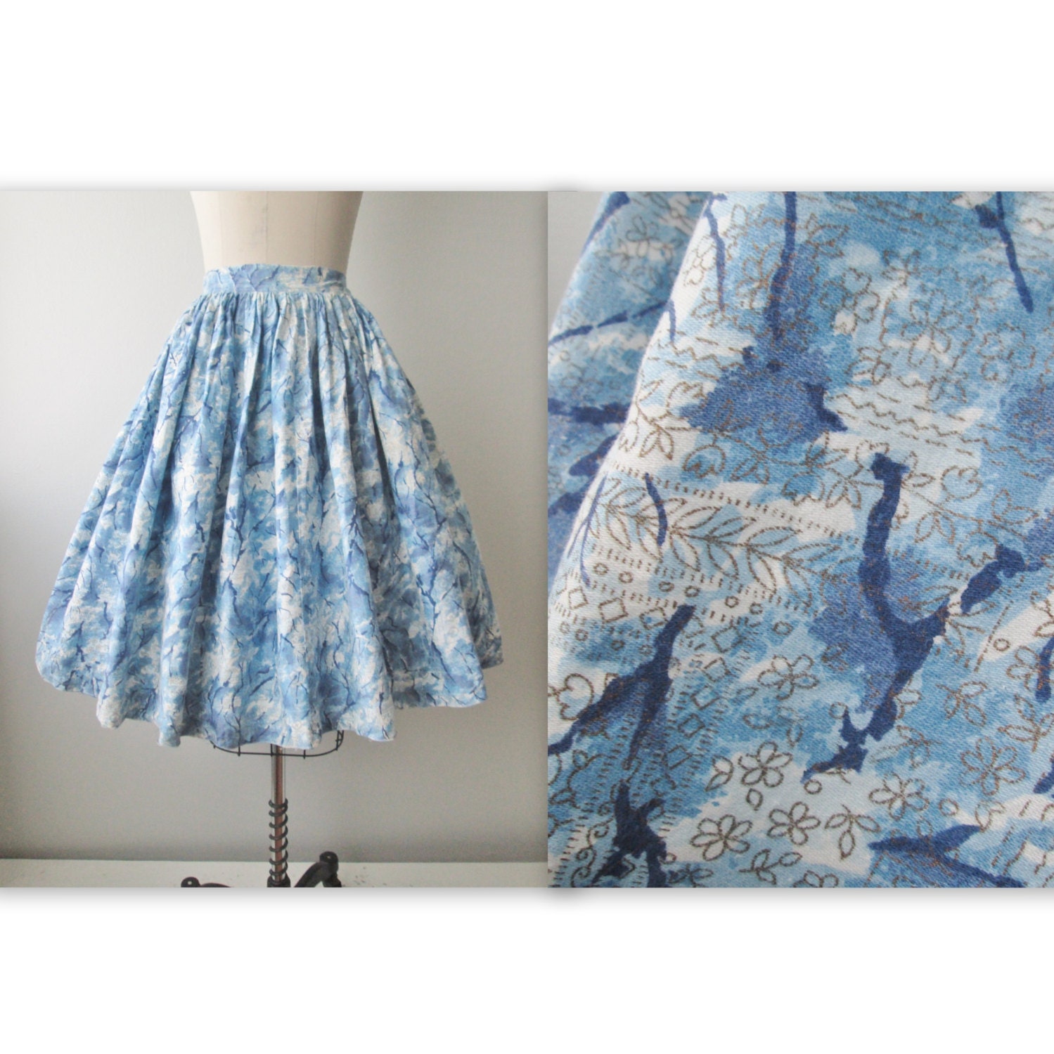 50s Skirt // Vintage 1950's Blue Abstract Print Cotton Mad Men Full Circle Skirt XS