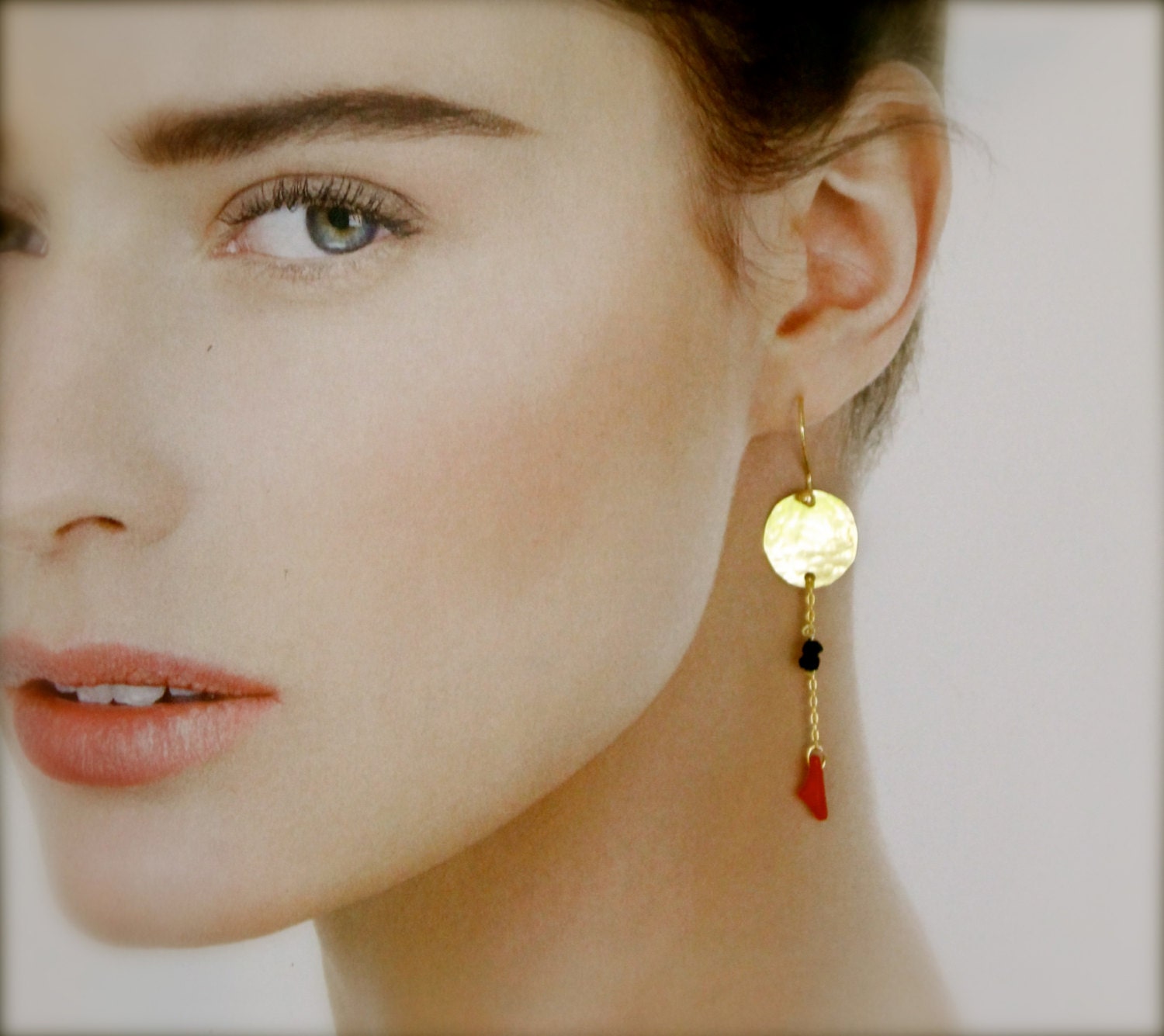 Gold Red Coral Onyx Disc Earrings