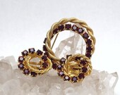SUMMER SALE Great Vintage midCentury 1950s 1960s Costume Jewelry Brooch and Earrings Set Gold Circles with Ruby Red Rhinestones VALENTINES