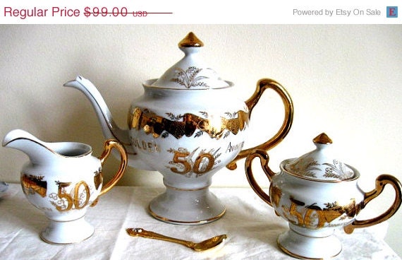 sToReWiDe sale Vintage Norcrest Tea Set - Teapot - Sugar- Creamer - 50th Anniversay - Golden