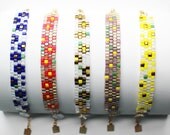 Beaded Flower Bracelet, One Size Fits Most, With Extender Chain and Square Charm