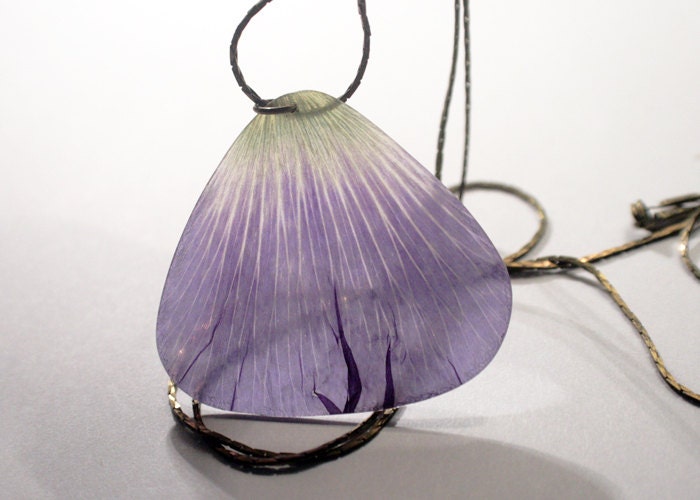 Blue Flower Necklace Hollyhock - white and yellow - botanical jewelry - pendant made of a real pressed petal (1.4 x 1.6 inches) brass
