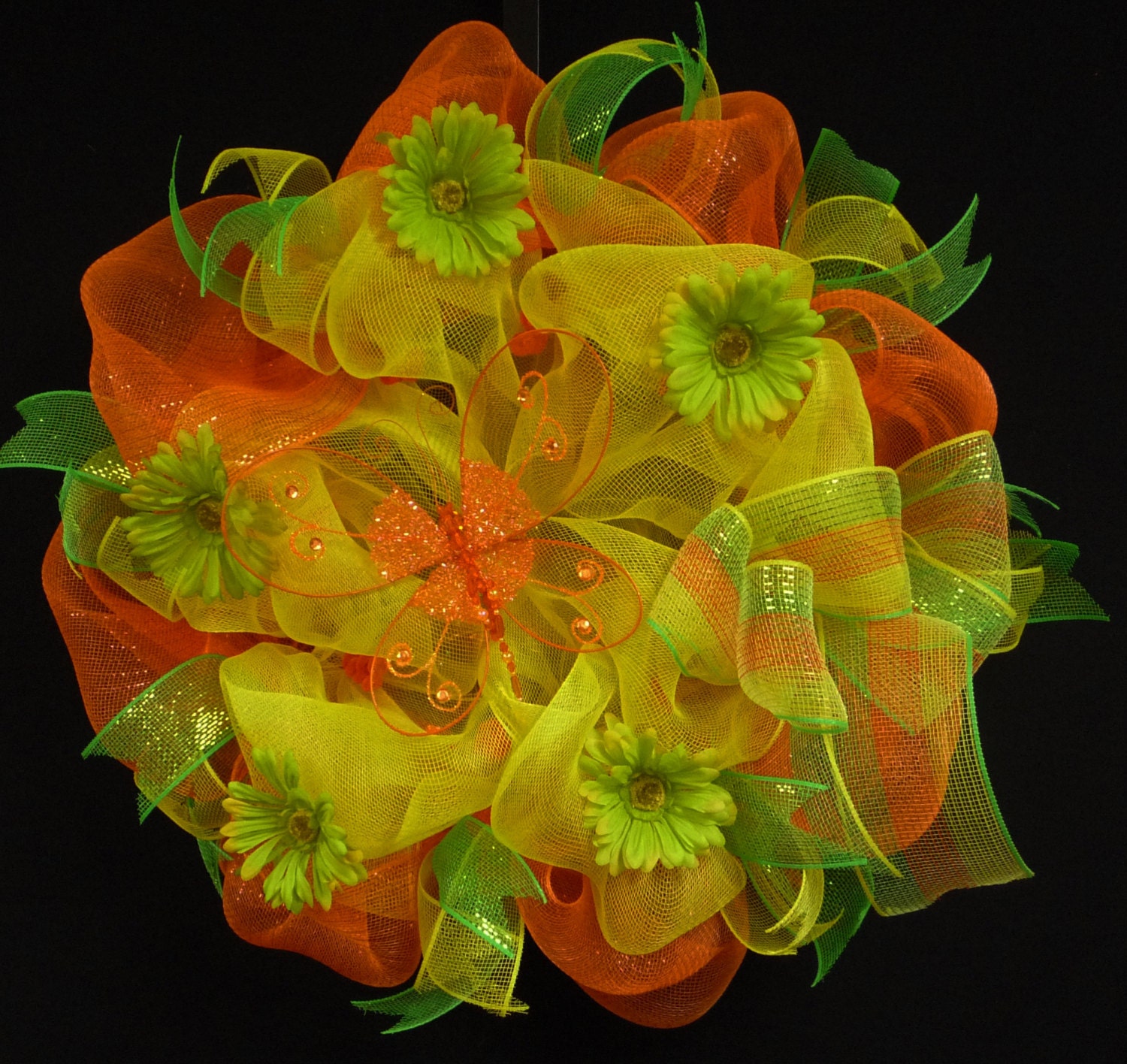 Spring Wreaths, Butterfly Wreath, Yellow Orange Wreath, Wreaths for Doors, Poly Mesh Wreaths - Item 716