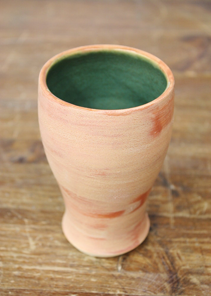 Rosie Pink ceramic tumbler with a bit of lichen