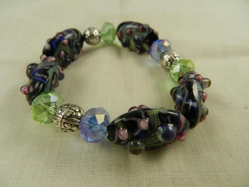 Blue Green Crystal Lampwork Oval Ornate Bead Bracelet Stretch Handmade