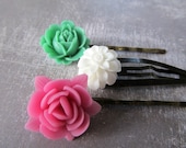 Floral hair pins - a gift set of shabby chic inspired hair pins in fuchsia, white and green