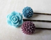 Flower bobby pins, set of vintage inspired flower hair pins in slate, aqua and purple
