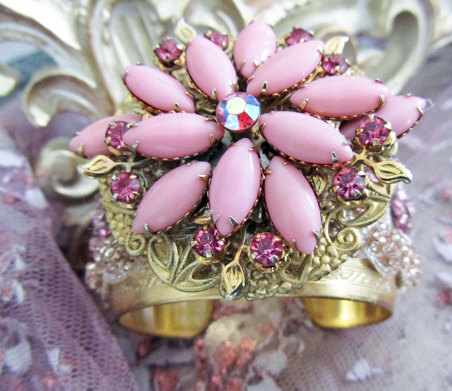 Pink Bridal Cuff Bracelet, Vintage Wedding Jewelry
