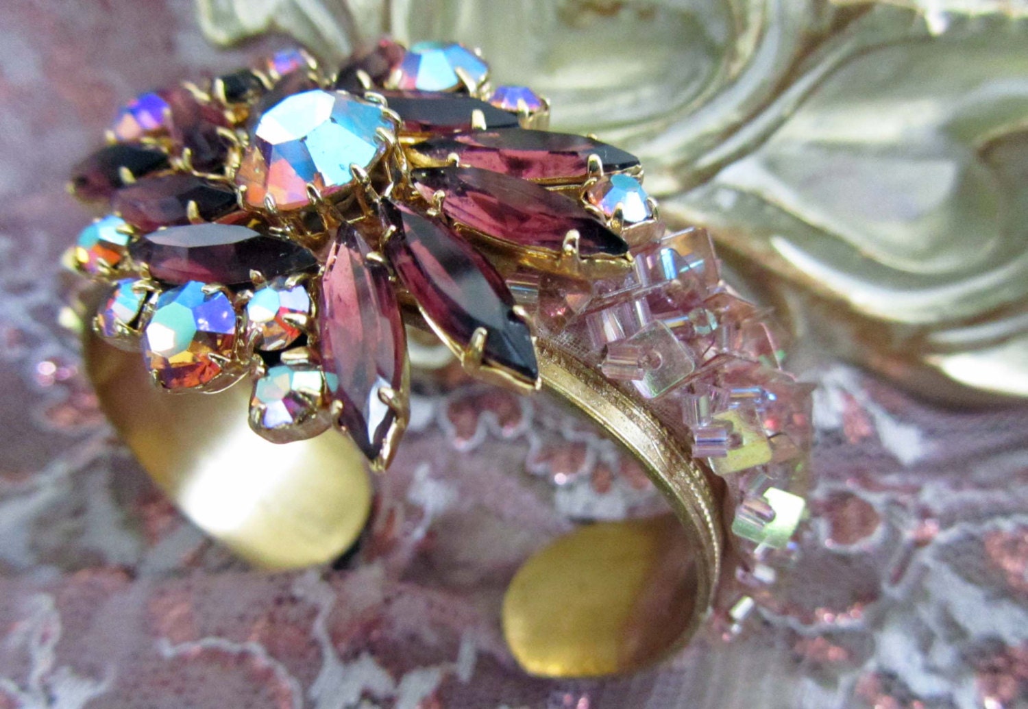 Bridal Wedding Cuff Bracelet, Purple Rhinestone Brooch