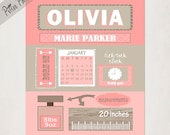 Girl's Birth Announcement Poster // Personalized Pink Tan and Brown Gift // Modern Baby Birth Print // Children's Name Nursery Art // 8x10