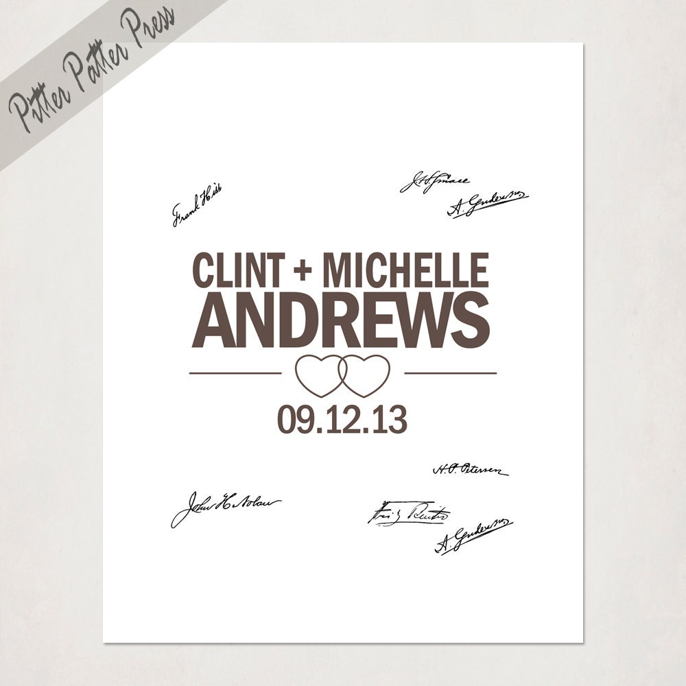 Wedding Guest Book Alternative // Custom Wedding Sign for signatures // Hearts Poster with bride and grooms names // Brown and White //16X20