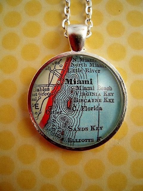 Vintage Miami Florida Glass Map Pendant Necklace