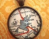 Vintage Squam Lake NH Glass Map Pendant Necklace