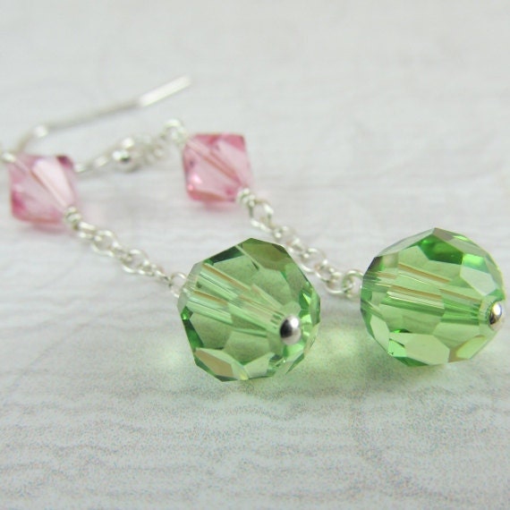 Rose Pink Peridot Green Crystal Drop Silver Earrings