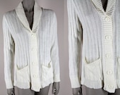 Vintage 1970s Cardigan : 70s White Cable Knit Pocket Cardigan M L