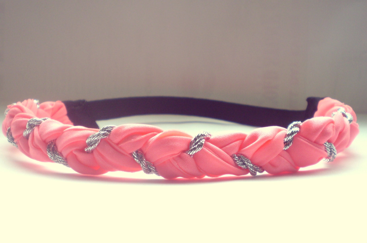 Neon Coral and Silver Braided Headband Hippie Headband Womens Hair Accessories Elastic Headband