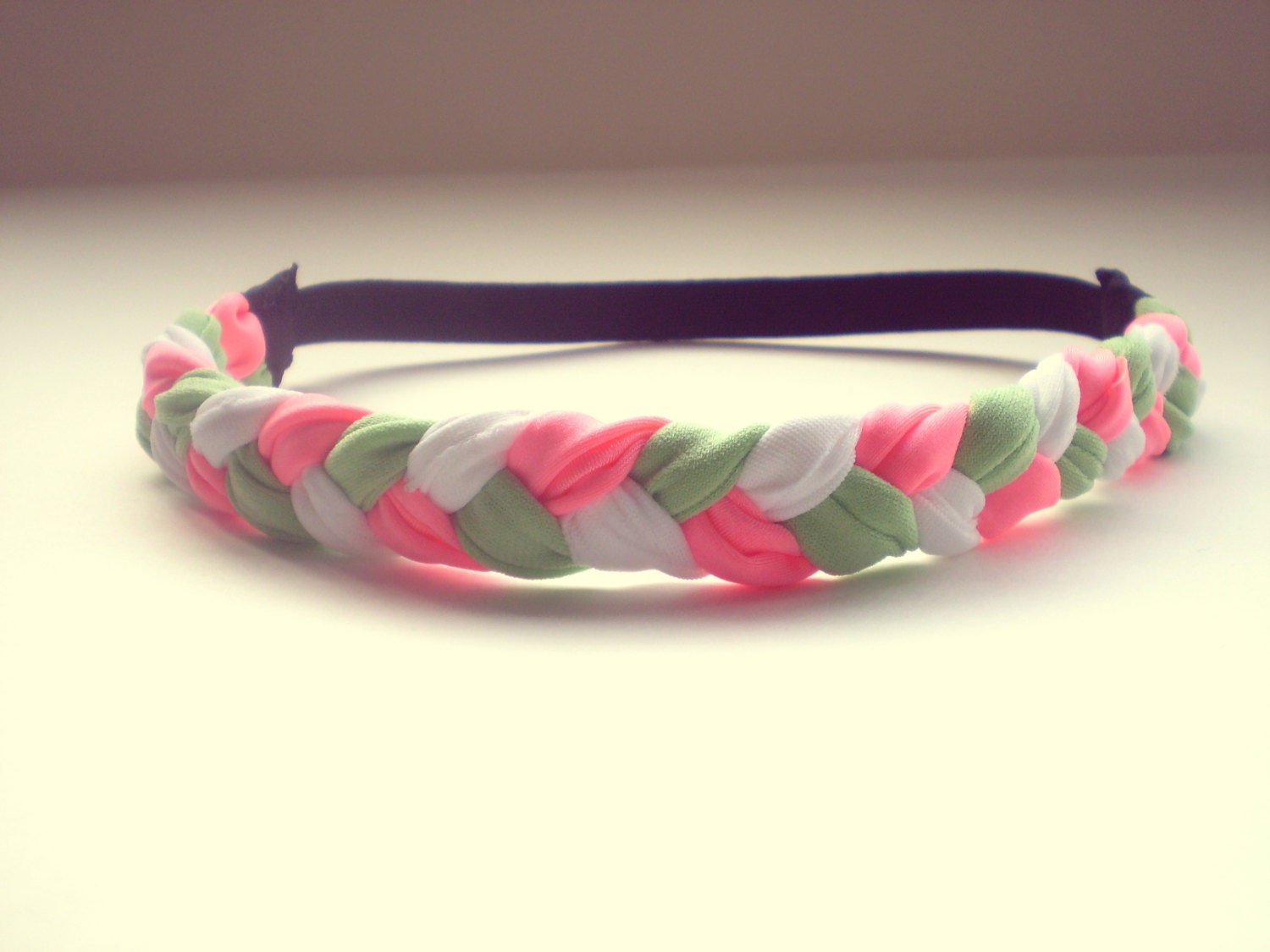 Thick Mint Green, Neon Coral, and White Braided Headband Hippie Headband Womens Hair Accessories Elastic Headband