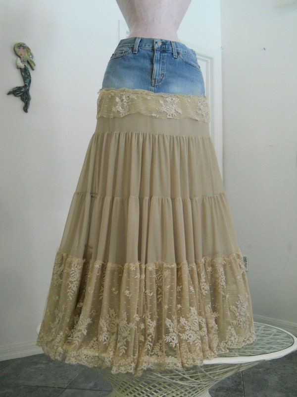 Isabelle bohemian jean skirt exquisite vintage French lace creamy tiered ruffled Renaissance Denim Couture fairy goddess Made to Order