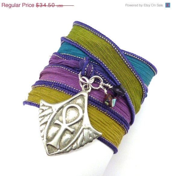 BIRTHDAY SALE Silk Wrap Bracelet with Egyptian Ankh Charm, silk ribbon bracelet, wrap bracelet, ribbon bracelet
