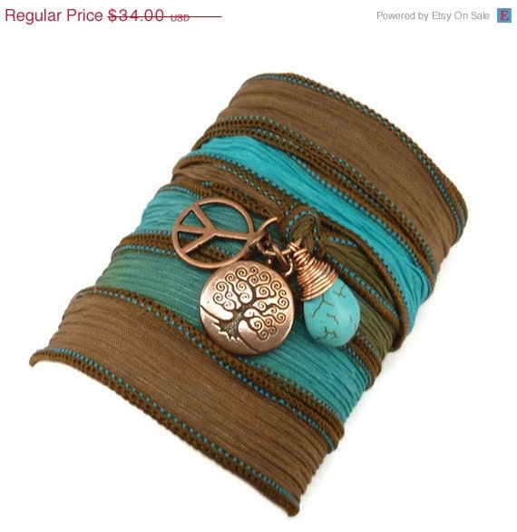 BIRTHDAY SALE Hand Painted Silk Ribbon Wrap Bracelet with Tree of Life, Peace Sign, and Turquoise yoga jewelry, wrapped wrapping bracelet,