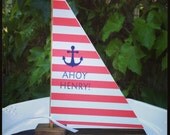 Mini Wooden Sailboat with Red Striped Customizable Sail