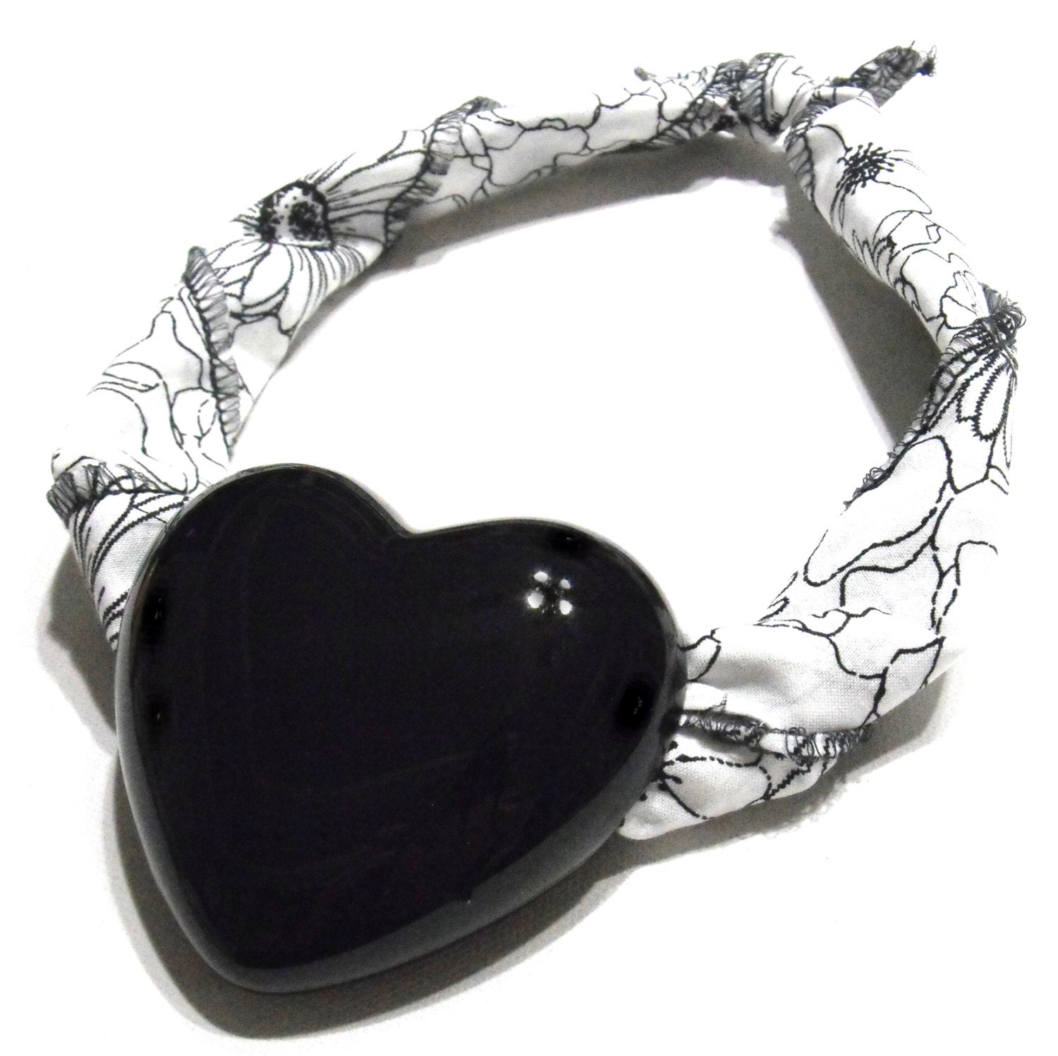 Vintage Heart Pendant with Black and White Floral Fabric Necklace - Ceramic, Black, Spring, Summer Fashion, Fun, Big Jewelry, 80s Fashion