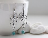 Vintage Leaf Earrings with Turquoise Howlite Drops. Antique Silver (VER-69)
