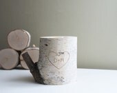 personalized natural white birch wood candle holder - carved heart & initials