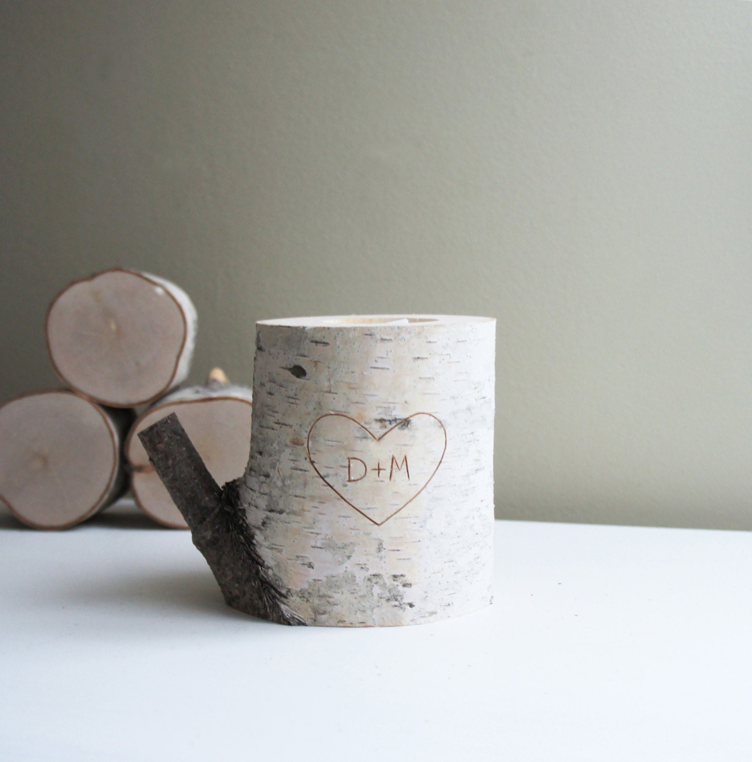 personalized natural white birch wood candle holder - carved heart & initials