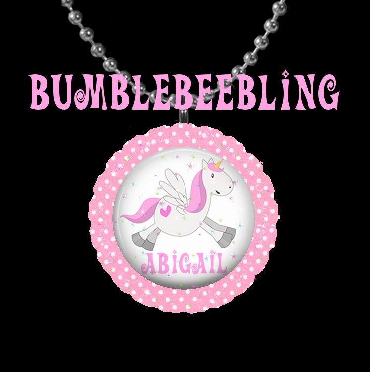 Kids Personalized Jewelry Pink Polka Dot Unicorn Pegasus Pendant Necklace or Zipper Pull