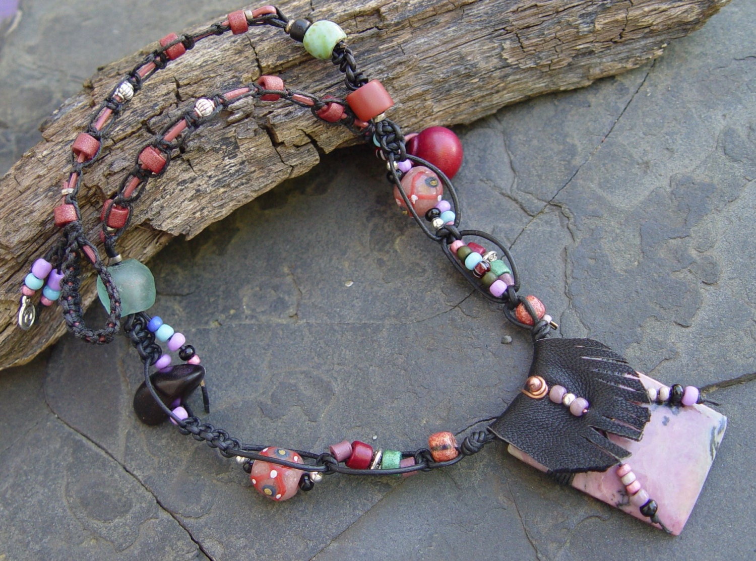 Rhodochrosite Artisan Medicine Bag Pouch Necklace Amulet Tribal Gypsy African Beads Leather Linen Boho
