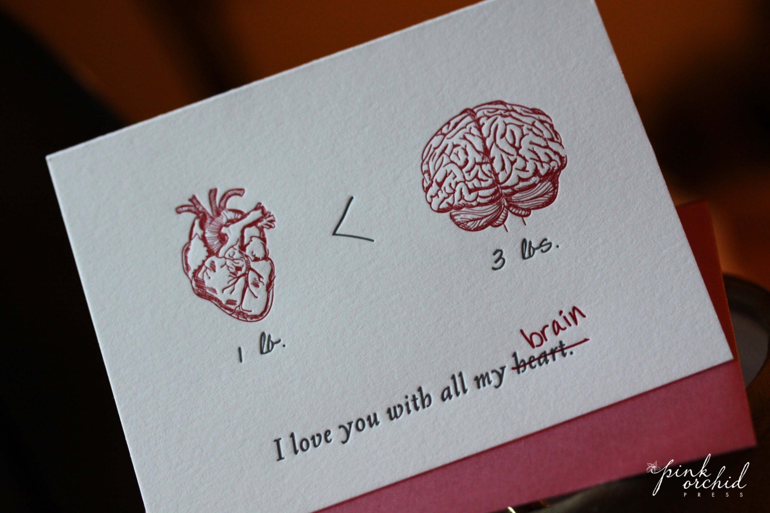 I love you with all my heart, Heart vs Brain-- letterpress greeting card (nerdy science), perfect for Valentine's Day