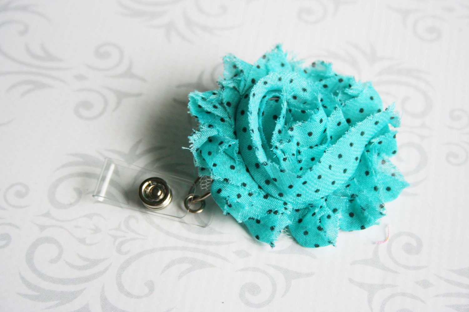 Shabby Chic Flower Retractable Badge / ID  Holder Reel - Teal with Black Dots