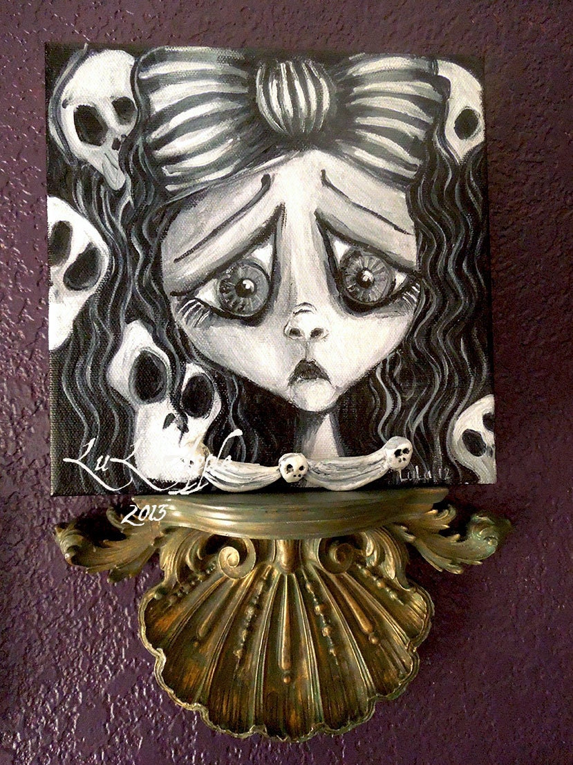 Painting Gothic Art skulls spooky doll original Acrylic 8x8 Gallery wrapped OOAK