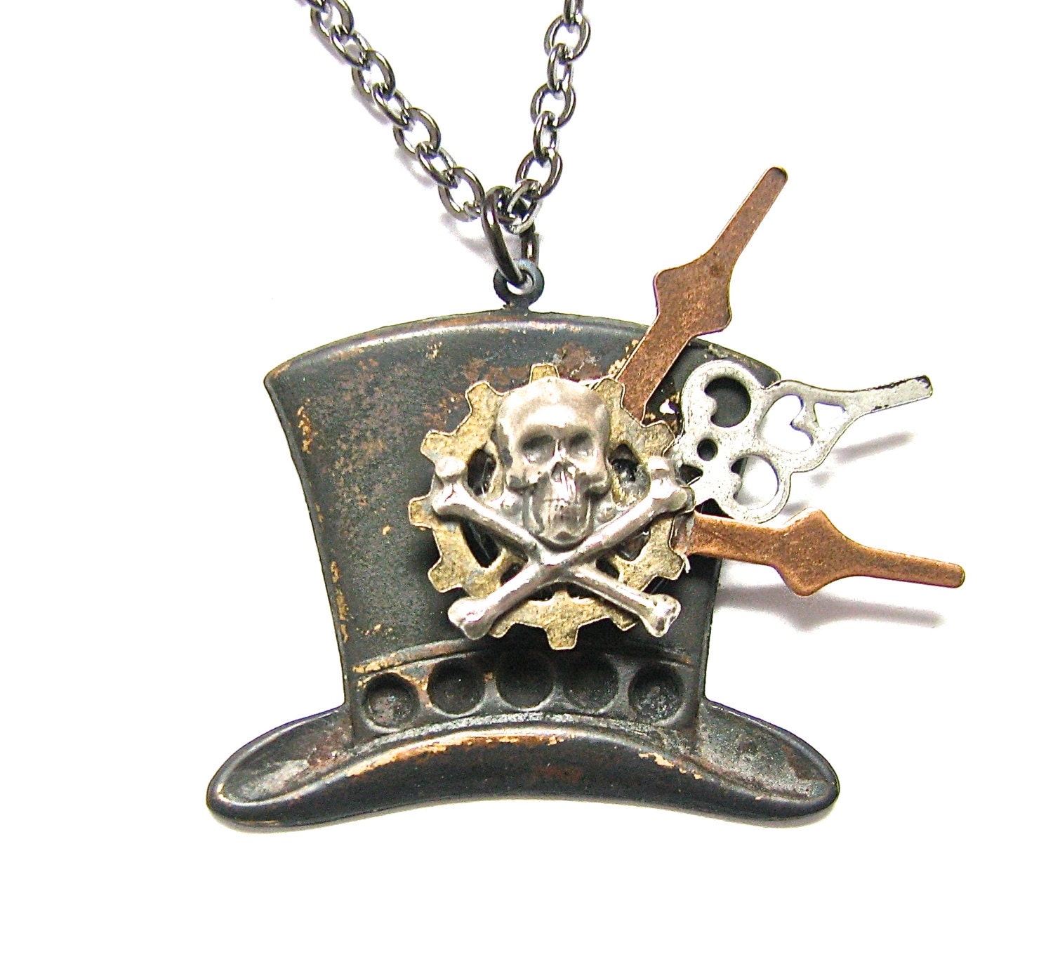 Steampunk Necklace  Black Patina Brass Top Hat Charm with Skull and Cross Bones with Mini Clock Hands-by Mechanique Steampunk