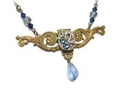 Steampunk Necklace Antiqued Brass Victorian Filigree Charm Finished with A GORGEOUS Jeweled Watch Movement -by Mechanique Steampunk