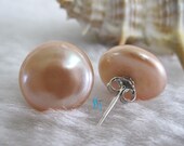 Button Earrings - 13-14mm Pink Freshwater Coin Pearl Studs Earrings - Free shipping