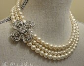 Wedding Jewelry Necklace Set - Ivory Swarovski Pearls in 3 Multi Strands sexy long extender down the back - Rhinestone Brooch adjustable