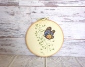 Vintage Butterfly Crosstich in Hoop 1984 Vine Brown, Orange, Blue 7 inch