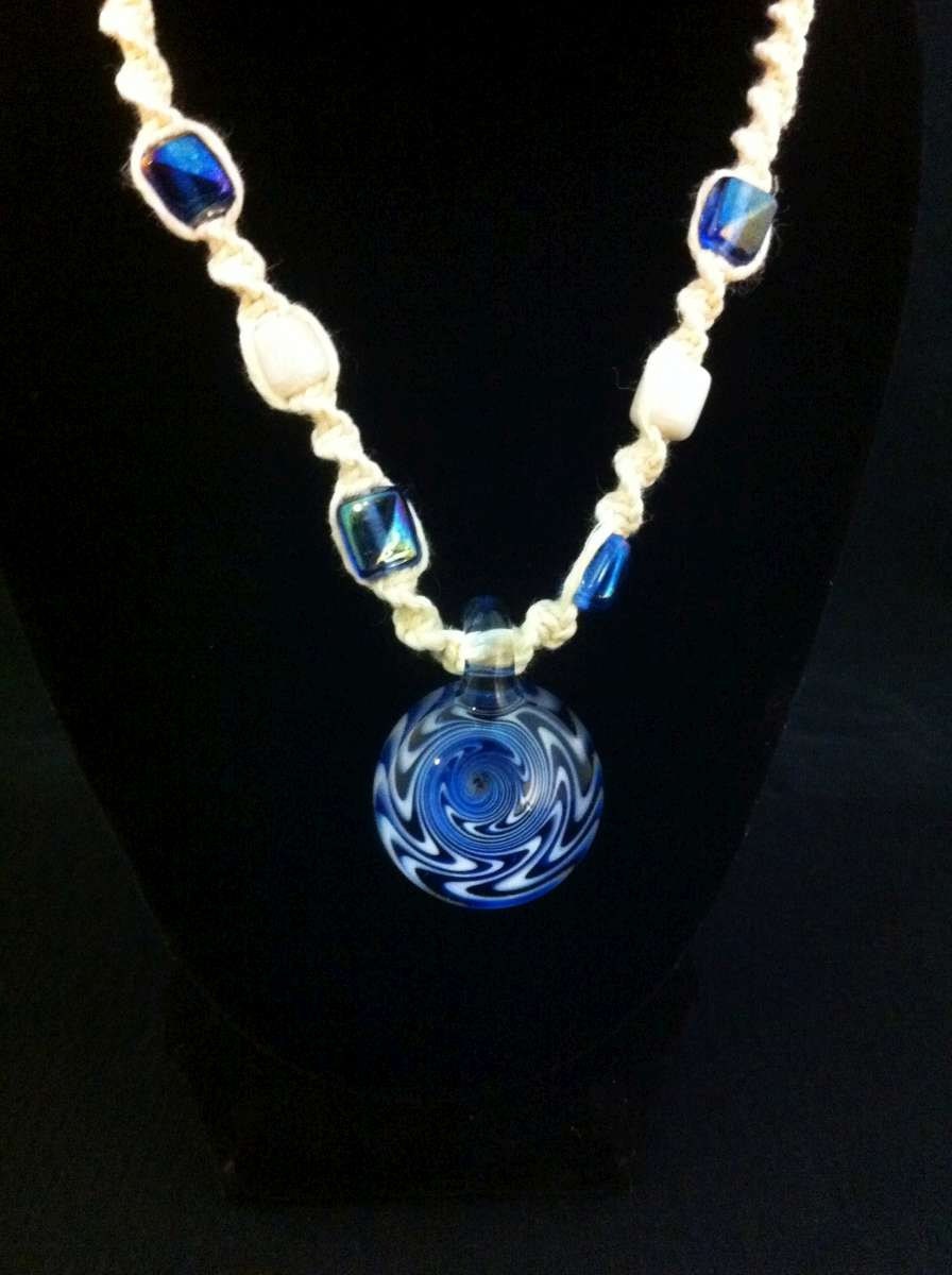 Glass Pendant Blue and White Super Switchback With Perfect Loop on Adjustable Necklace