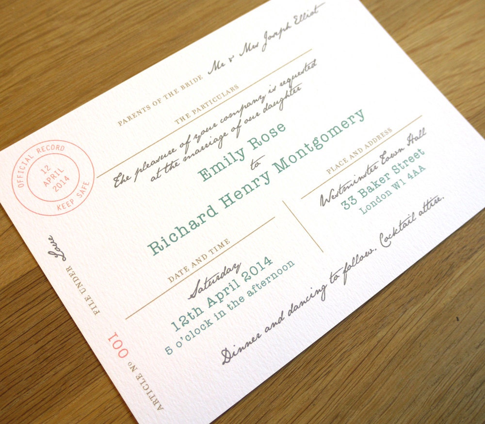 Marriage Certificate Wedding Invitation - 'It's Official' Design - One Sample
