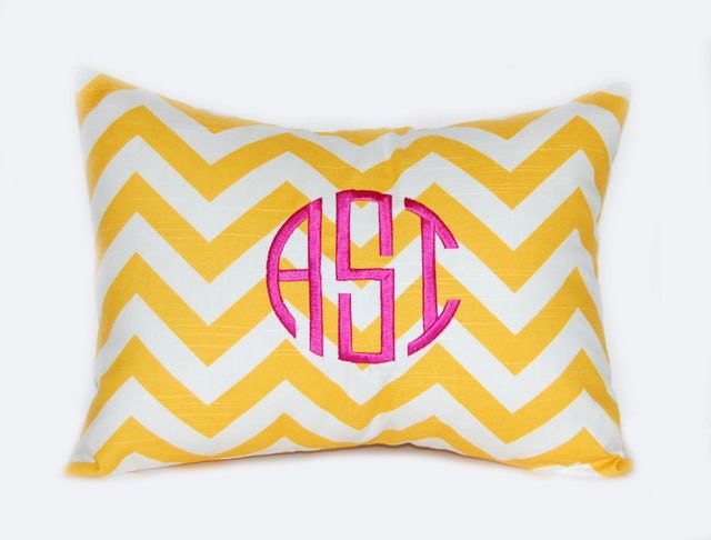 Monogrammed Pillow Yellow Chevron Natural Circle Three Initial Monogram WITH Insert 12 x 16 Personalized Decorative Throw Pillow