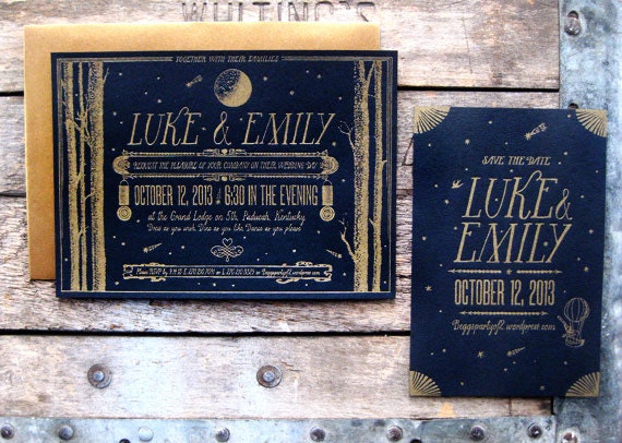 Night Time Birch Trees Gold on Black Custom Design Letterpress Wedding Invitations