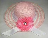 Girls Easter Hat - Tea Party Hat - Girls Sun Hat - Pink  Easter Bonnet with White Satin Ribbon - Hot Pink Daisy Flower - Style P13