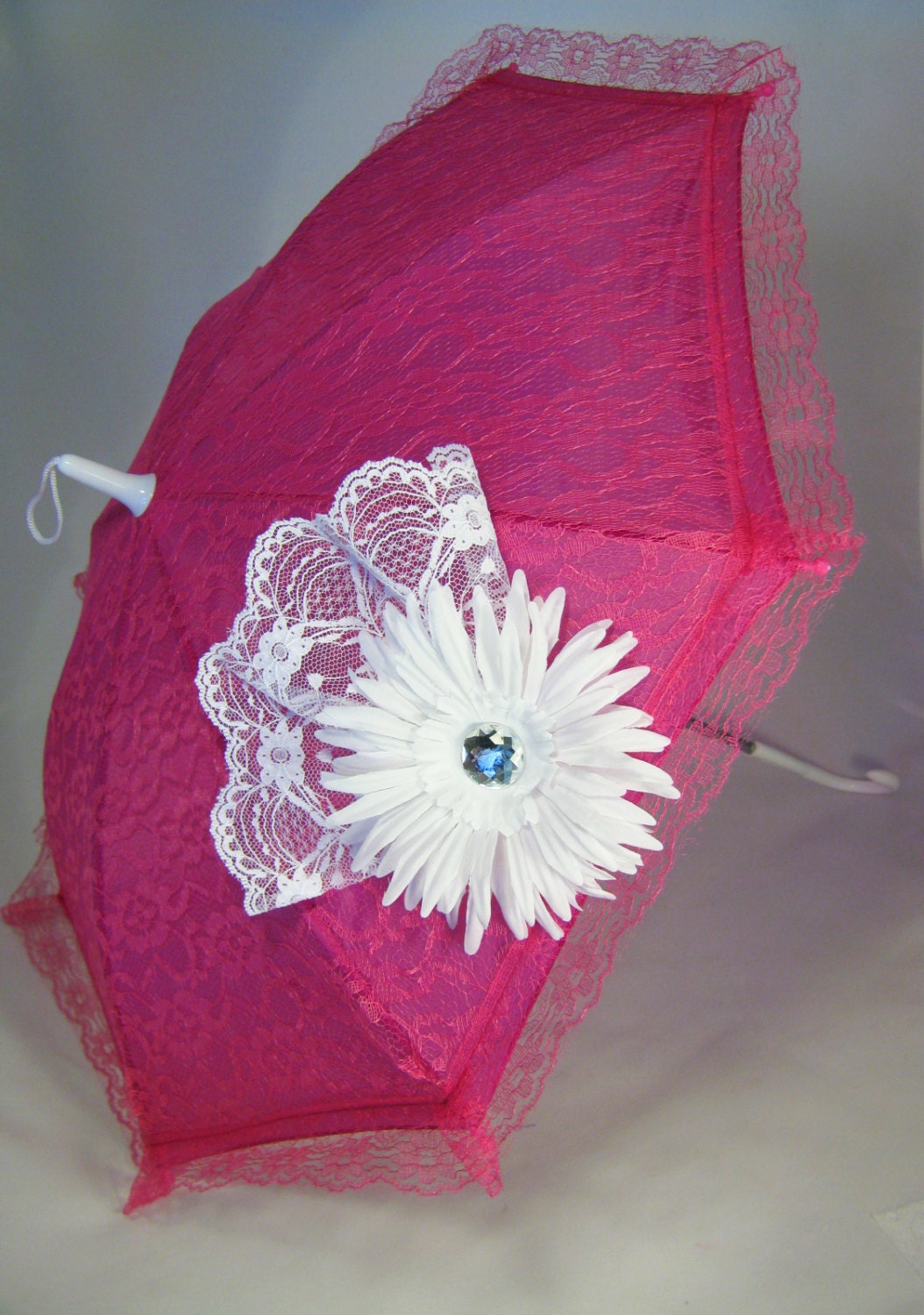 Sun Parasol - Lace Umbrella - Girls Dark Pink Sun Umbrella with White Daisy - Fuchsia Parasol -Style 90