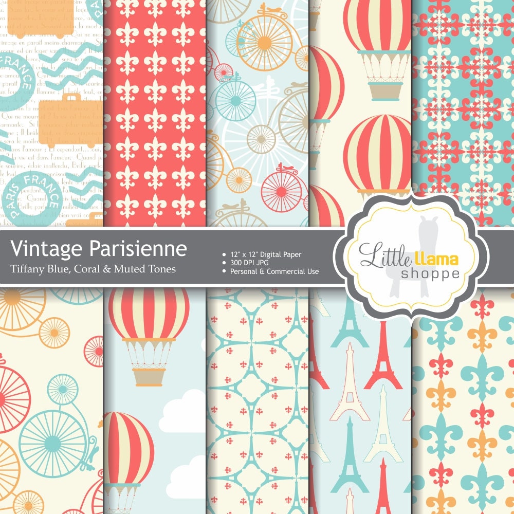 Vintage Parisienne Digital Scrapbook Paper Pack in Tiffany Blue and Coral INSTANT DOWNLOAD