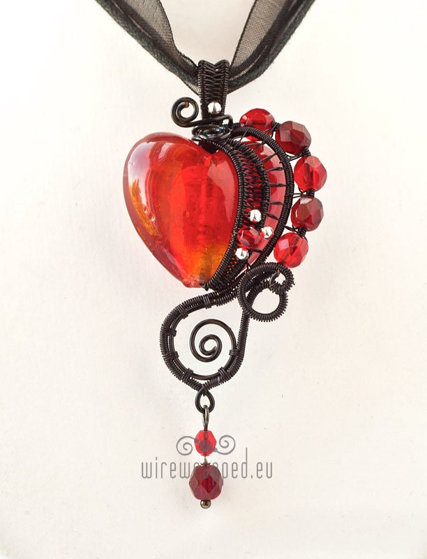 OOAK Red and black gothic heart wire wrapped pendant