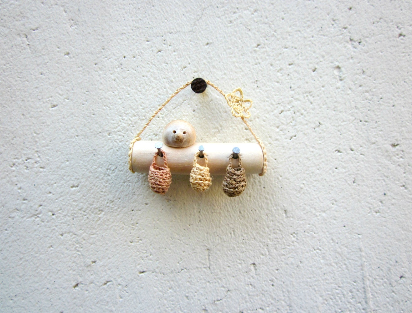 Miniature Elfs wall hanger with a bird , rustic home decor